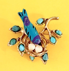 Signed Swoboda Blue Bird on Nest & Turquoise Stones Brooch Vintage