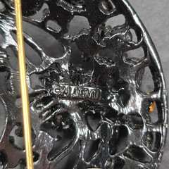 VINTAGE M JENT JET BLACK RHINESTONE BROOCH PIN PAISLEY FILIGREE JAPANNED ESTATE