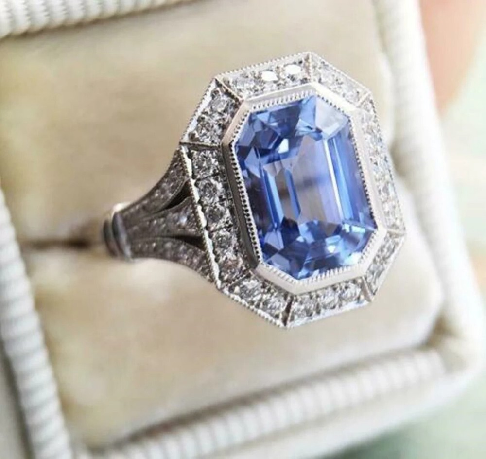 Art Deco Style Sapphire & Lab Created Diamond 14K White Gold FN Engagement Ring