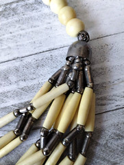 Vintage Handmade Native Bone Wood Silver Beaded 9 Strand Statement Necklace