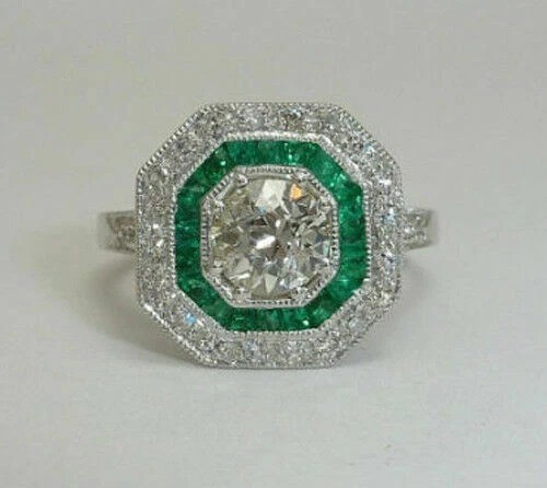 Art Deco Round Lab-Created Diamond & Emerald Halo Wedding White Gold Finish Ring