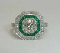 Art Deco Round Lab-Created Diamond & Emerald Halo Wedding White Gold Finish Ring