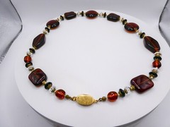 Chunky Modernist Beaded Cognac Molded Glass 20″ Statement Stackable Necklace