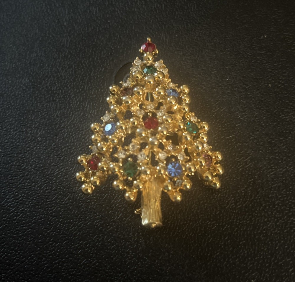 VINTAGE EISENBERG Gold Plated Red Blue Green Christmas Tree Brooch Pin 1950’s