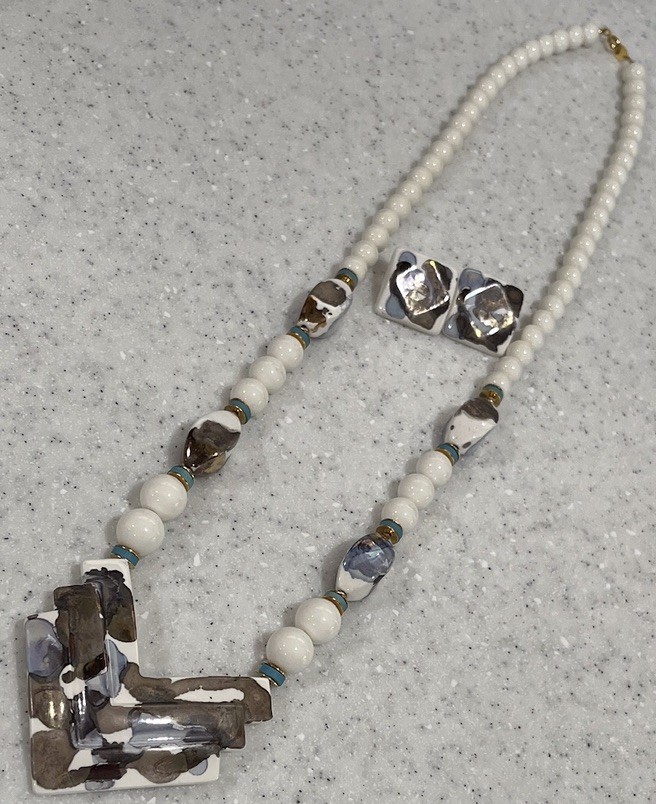 Vtg Japan Long Chunky Hand Painted Ceramic & Beaded Necklace & Earrings Set