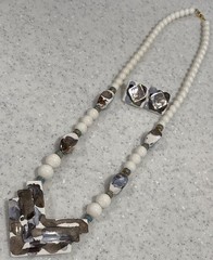 Vtg Japan Long Chunky Hand Painted Ceramic & Beaded Necklace & Earrings Set