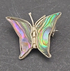 Vintage Abalone butterfly pin silver tone unmarked 3/4″ Made in Mexico