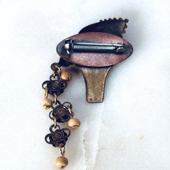 Vintage Mixed Metal Floral Dangle Brooch Boho Hippie Gypsy Style Beaded Accent