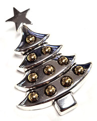 Vintage Signed BEST Silver Christmas Tree W/ Gold Ornaments Pendant Pin / Brooch