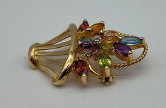 Vintage Colorful Stones Flower Basket 14K Yellow Gold Brooch Pin