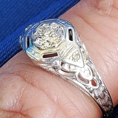 Original EARTH MINED DIAMOND Deco Engagement Ring 18K WHITE GOLD Solitaire S 6