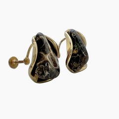 Turritella Agate Fossil Earrings Screw Back Gold Tone Shell Inclusions Vintage