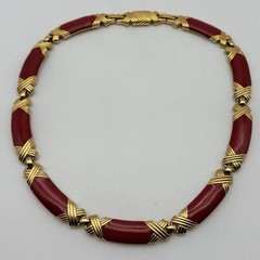 Monet Vintage Blood Orange Red Enamel & Gold Tone Choker Necklace 17 Inches