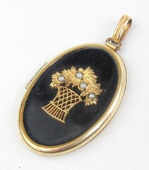 Antique BB Yellow Gold Filled Black Enamel Seed Pearl Flower Basket Locket