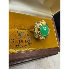 Vintage 14K Gold Jade & Tourmaline Estate Cocktail Ring | Size 7 | 4.94g