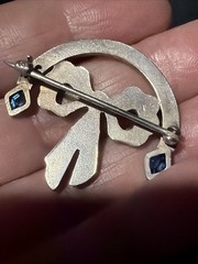 Antique R-F Silver Tone Blue Rhinestones Bow Ribbon Arch Brooch Locking Pin