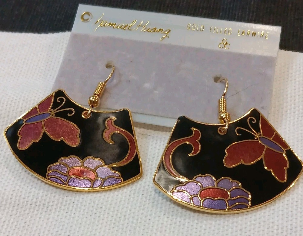 VTG 1970s SAMUEL HUANG CLOISONNE BUTTERFLY FLOWER FAN Drop Dangle EARRINGS