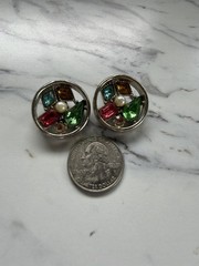 Vintage ART Signed Clip On Earrings Multicolor Rhinestone Faux Pearl Estate