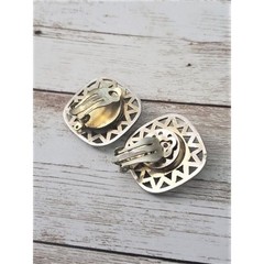 Vintage Clip On Earrings Black Rounded Square Shape with Unusual Halo Large