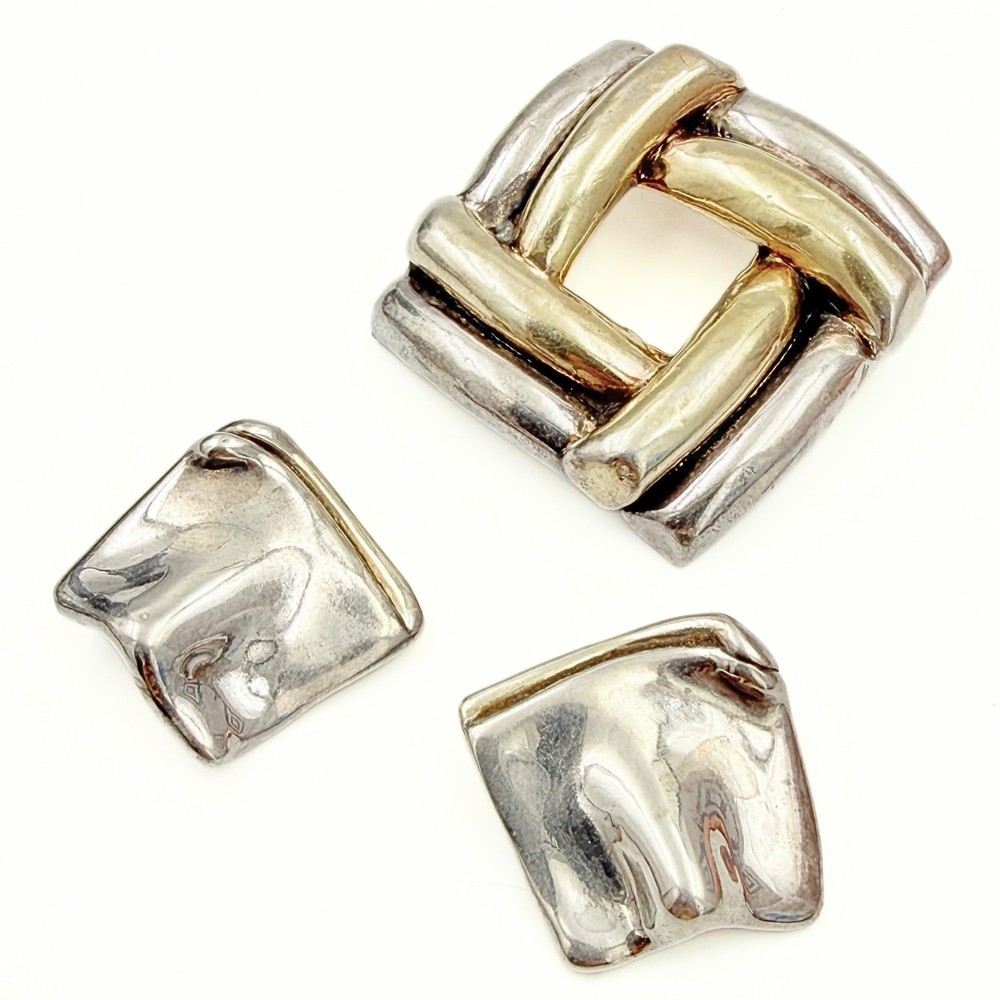 Vintage GW Israel Sterling Silver Vermeil Electroform Brooch Pin Earrings Set