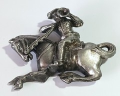 Vintage Pewter? Brooch: Medieval Soldier Blowing Horn on Galloping Horse
