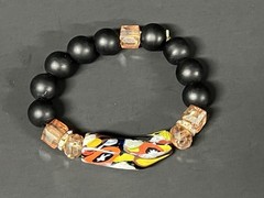 Vintage Carved Black and Multi Color Beads Stretchable Bracelet, Chinese Amulet