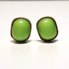 MARVELLA earrings lime green cabochon block ovals goldtone metal clip on vintage