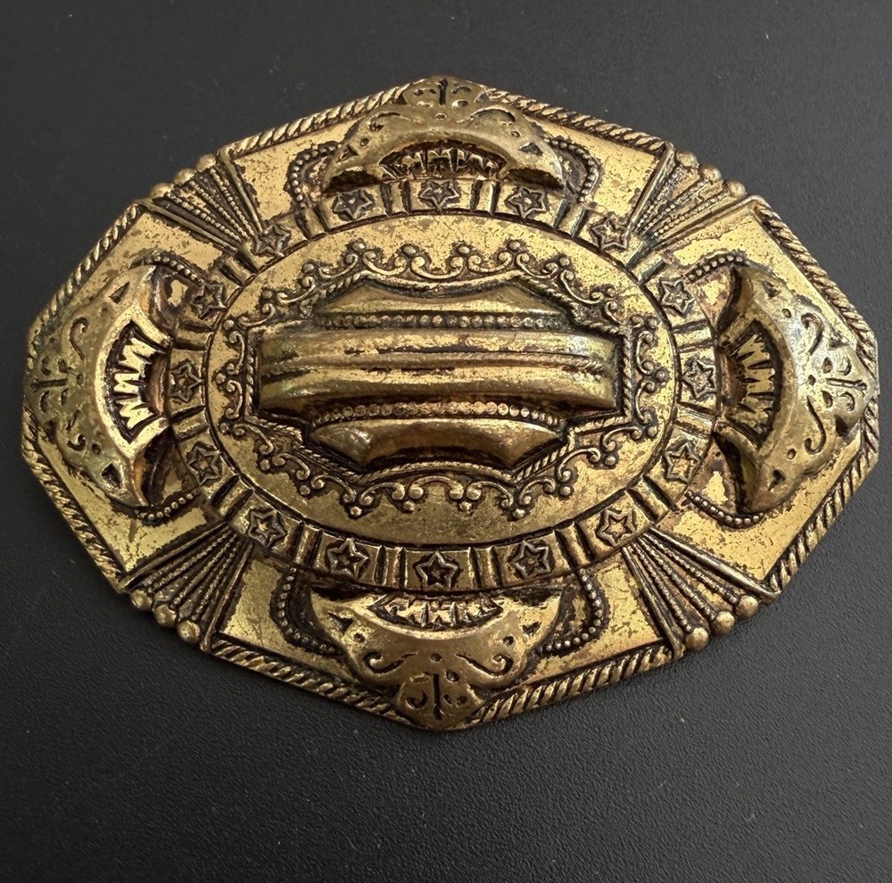 Victorian Revival Gold Tone Sash Pin Brooch Ornate Oval Statement 2.5in Vintage!
