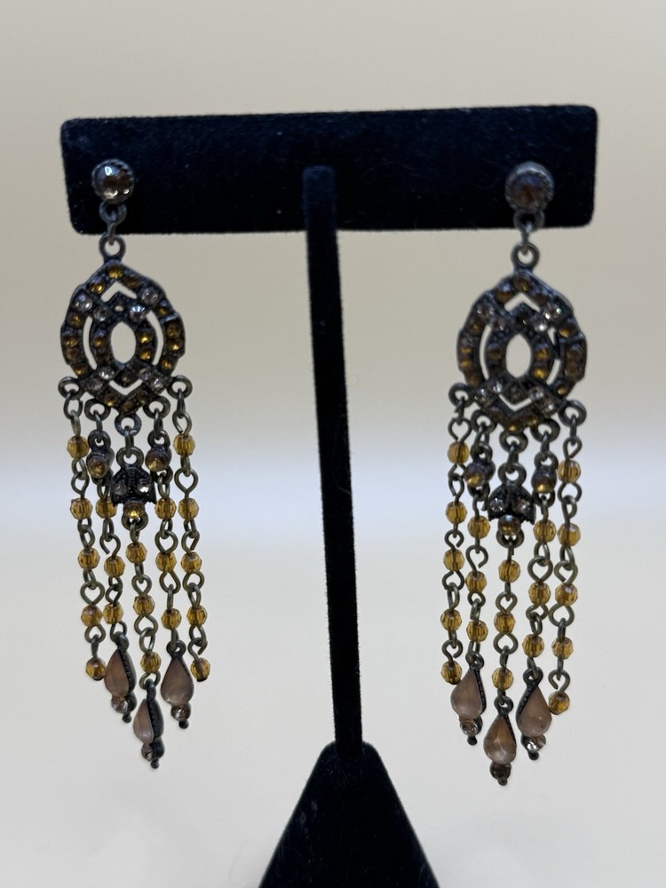 Vintage Rhinestone Bohemian Dangle Chandelier 3.5 Inches Pierced Earrings