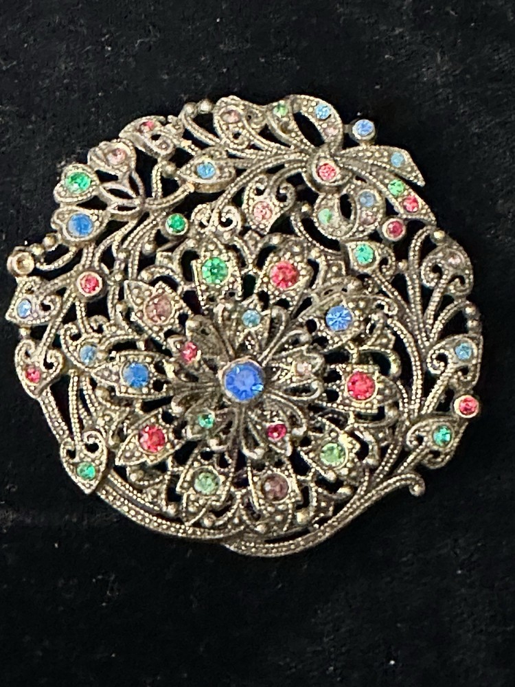 Vintage 1930s Art Deco Multicolor Rhinestone Old Pot Metal Brooch Pin Openwork