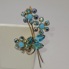 Vintage Gold-tone Blue, Turquoise-colored & Aurora Borealis Floral Brooch