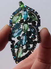 VTG MCM Aque Blue & Lime Green Rhinestone Leaf Brooch Pin (Some AB Finish)