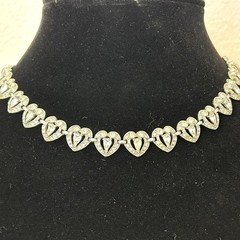 Vintage BOGOFF Heart Rhinestone Necklace Rhodium Plated Art Deco Style 15.5”