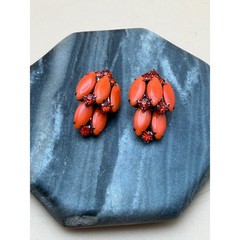 Vintage Orange Cabochon Red Rhinestone Cluster Clip On Earrings MCM Retro