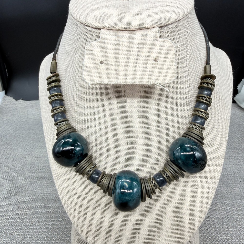 Vintage Necklace 1970s Blue Ceramic Beads Metal Disc Spacers Bohemian 16.5 Inche