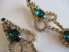 Vintage Green Rhinestone Dangle Clip Earrings 3.5 in Long