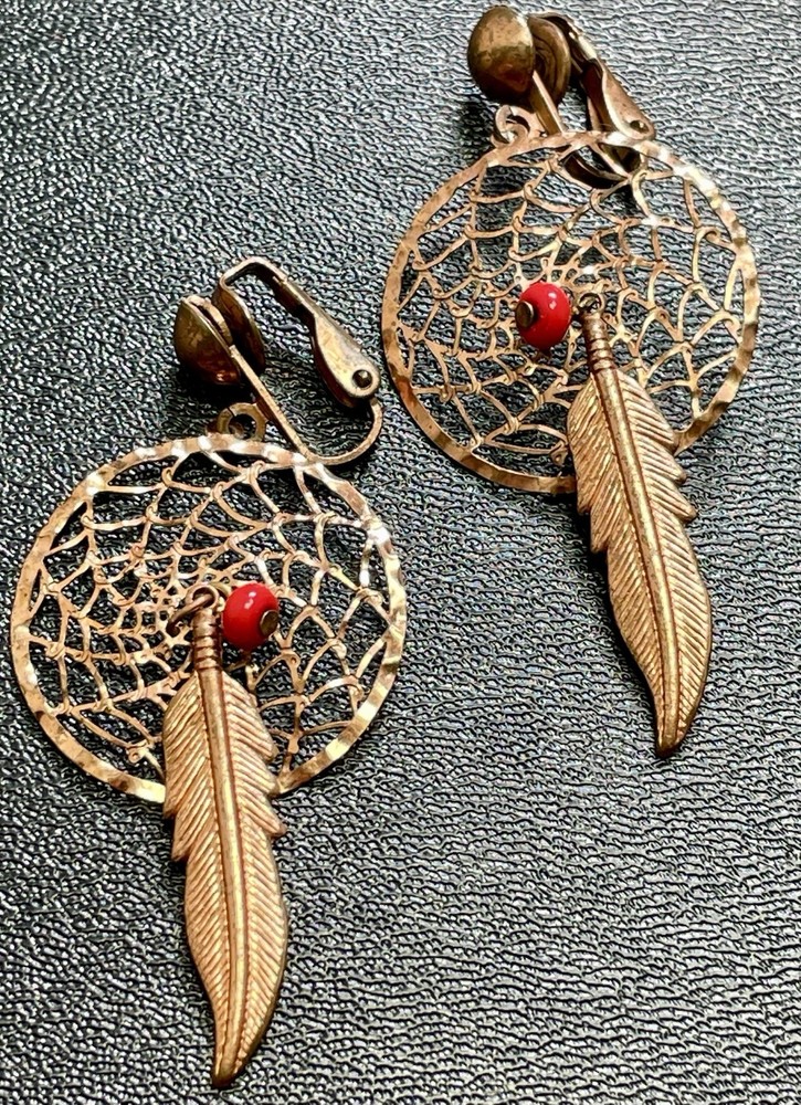 Vintage 2.2” Copper Dream Catcher Red Bead Feather Bohemian Clip Earrings