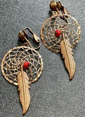 Vintage 2.2” Copper Dream Catcher Red Bead Feather Bohemian Clip Earrings
