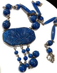 Vintage ART DECO Czech Blue Lapis Exotic Glass Bird Pendant Necklace 14″ Bohemia