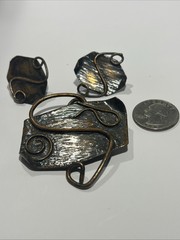 Vtg Copper Modernist Brutalist Abstract Brooch Pin And Screw Earrings Set