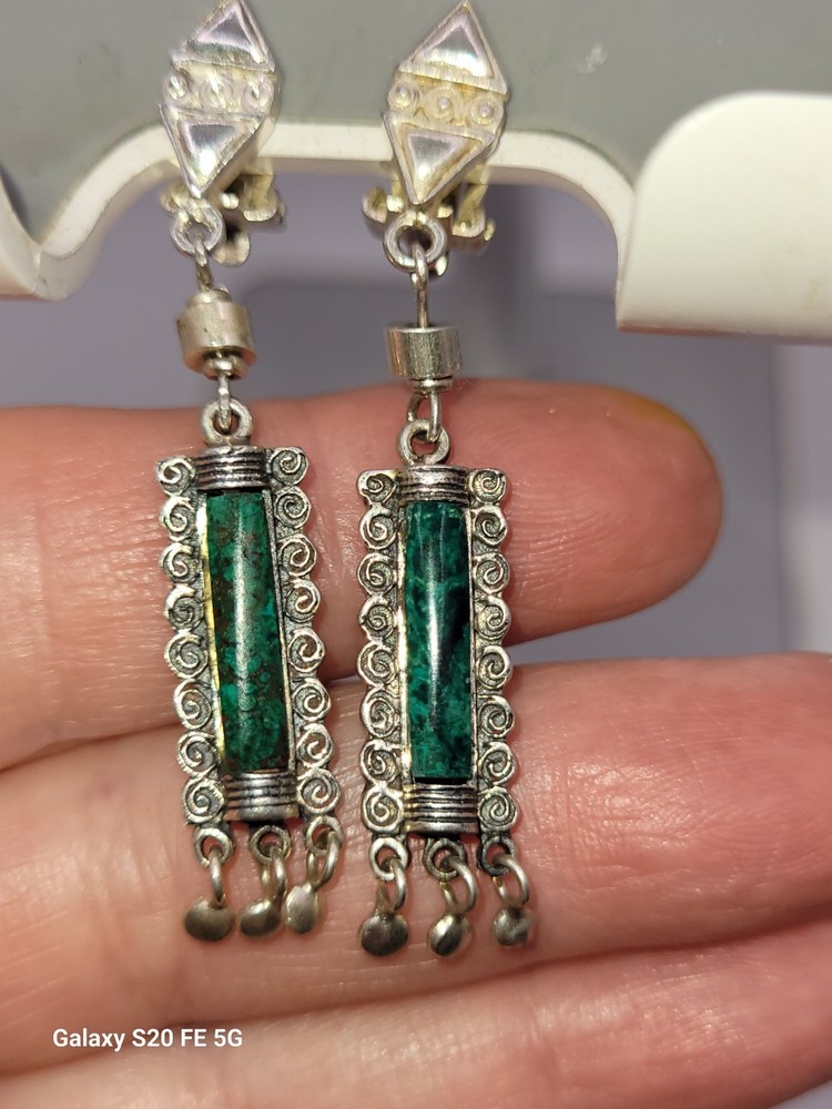 Vintage Sterling Silver Eilat Stone Earrings Drop Dangle Clipon Made In Israel