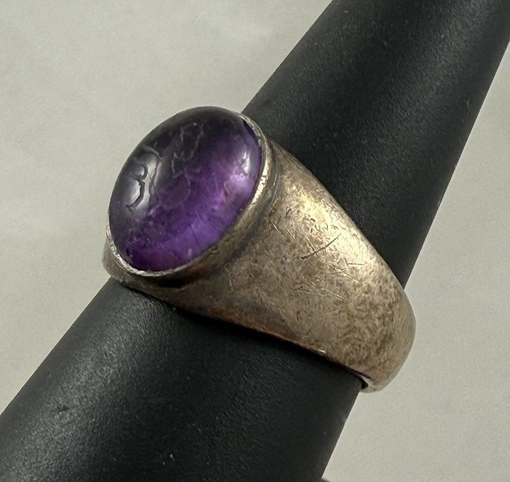 Vintage Sterling Silver 925 Cabochon Amethyst Ring Carved Inscribed Stone 8.5