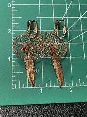 Vintage 2.2” Copper Dream Catcher Red Bead Feather Bohemian Clip Earrings