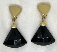 Vintage Signed Erwin Pearl Black Lucite Dangle Clip On Earrings Brushed Gold