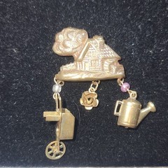 Vintage Cottage Garden Brooch with Wheelbarrow Rose Watering Can Charms
