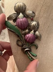 antique pin Flower Enamel Paint Rhinestone Marcasite Metal 4.25” brooch large