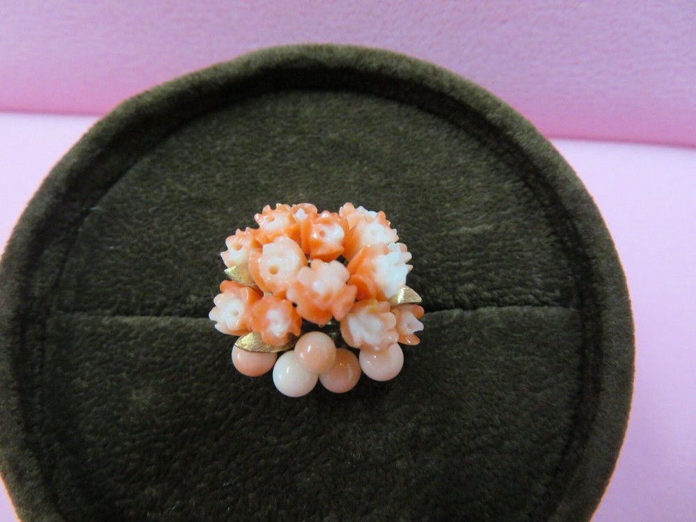 Vintage 14k Solid Yellow Gold Angel Skin Coral Cluster Ring – Size 5 – 6 Grams