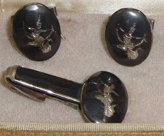 Vintage SIAM STERLING Silver Niello Cufflinks & Tie Clasp In Original Box Sgd BB