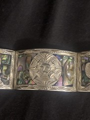 Vtg Mexican 925 Sterling Silver Abalone Storyteller Panel Bracelet 7″ Heavy 42G