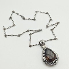 Vintage Sterling Silver 925 Smoky Quartz Large Pendant Necklace 24″